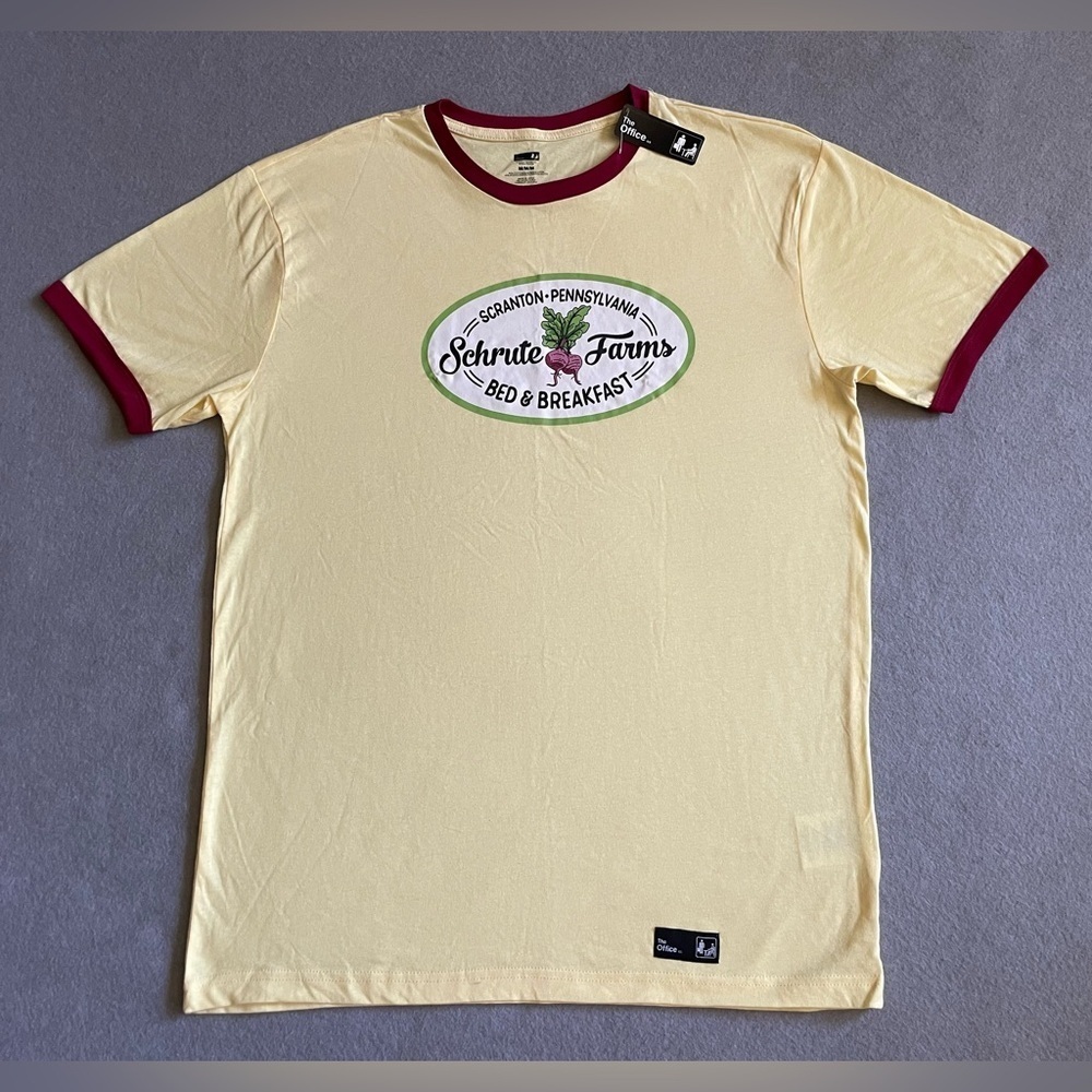 NWT The Office Schrute Farms T-Shirt Size Medium Yellow Logo Scranton PA